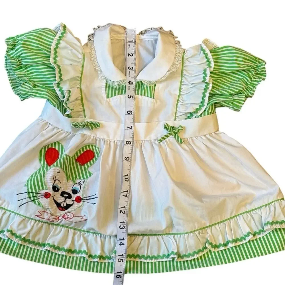Vintage 50s  Bunny Mouse Cartoon Dress striped Puff Sleeve Peter Pan Collar 12M